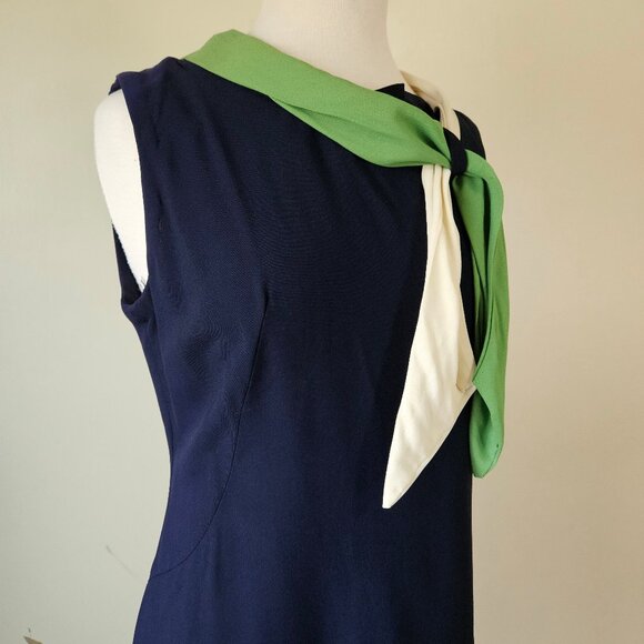 Vintage 60's Mod Navy Blue Green White Scarf Color Block Sheath Dress Size M/L - Picture 5 of 9